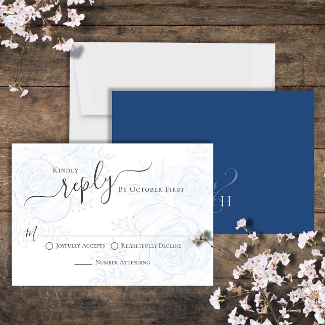 Elegante caligrafía azul Ampersand Guest RSVP (Classic blue floral reply RSVP card with monogram ampersand backside. )
