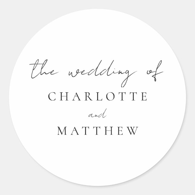 Elegante caligrafía Boda Pegatina redondo clásico (Anverso)
