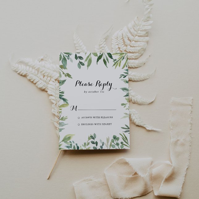 Elegante caligrafía de follaje verde tropical RSVP (Subido por el creador)