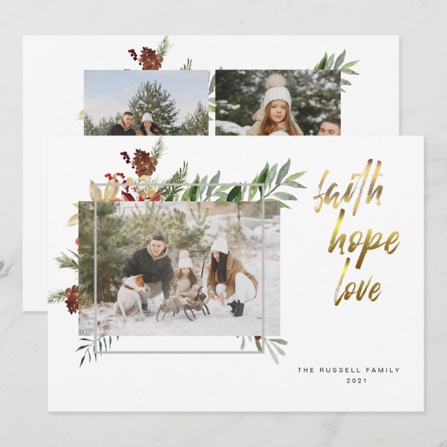 Elegante Caligrafía Dorada Tres Foto Navidad (Anverso / Reverso)