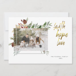 Elegante Caligrafía Dorada Tres Foto Navidad