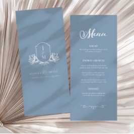 Elegante caligrafía Dusty Blue Escudo Boda Menú