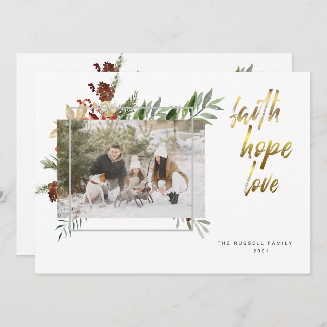 Elegante Caligrafía en Oro Tres Fotos Navidad (Anverso / Reverso)