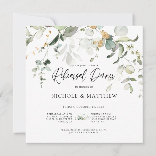 Elegante Caligrafía Eucalyptus Ensayo Cena En (Anverso)