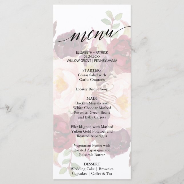 Elegante caligrafía Faded Floral Dinner Menu Card (Anverso)
