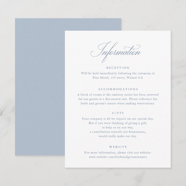 Elegante caligrafía guión Boda azul tarjeta de inf (Anverso / Reverso)