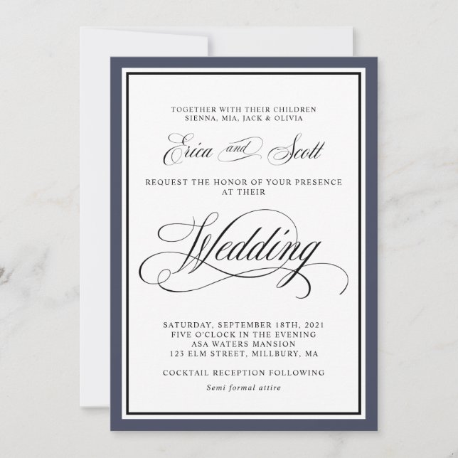 Elegante caligrafía guión invitación Boda azul de  (Anverso)