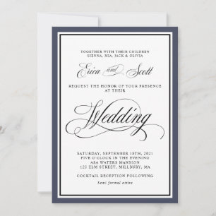 Elegante caligrafía guión invitación Boda azul de