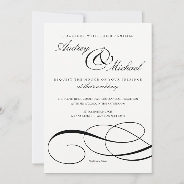 Elegante caligrafía Invitación a la boda blanca y  (Anverso)