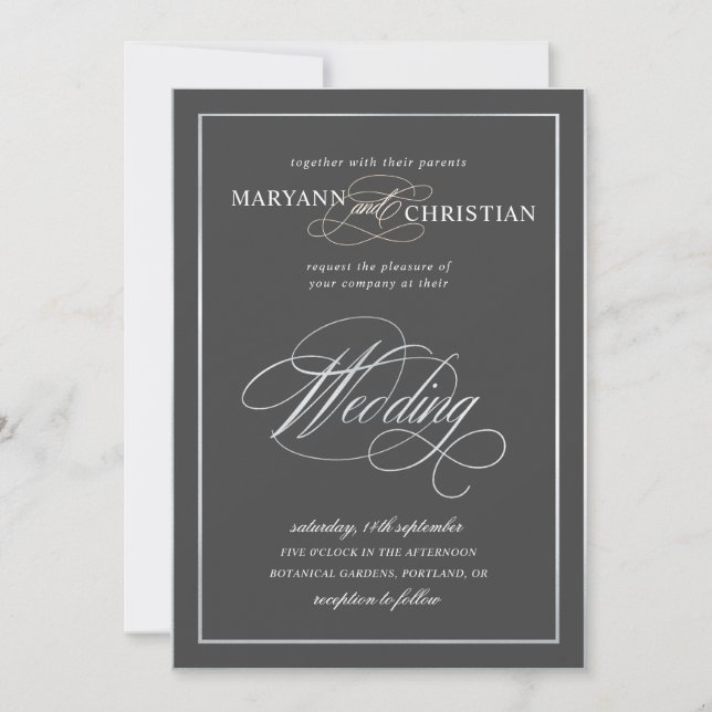 elegante caligrafía invitación a la boda gris plat (Anverso)