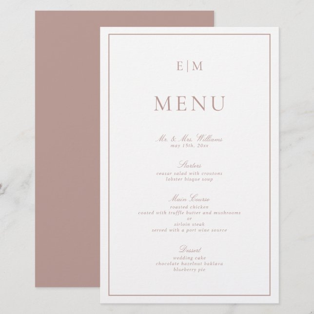 Elegante caligrafía Menú Boda Monograma Rosa (Anverso / Reverso)