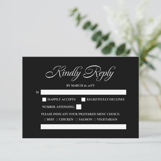 Elegante caligrafía Minimalista Boda negra RSVP (Anverso de pie)