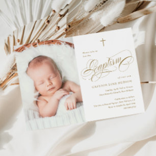 Elegante Caligrafía Neutral Invitación de Bautizo 