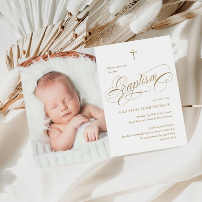 Elegante Caligrafía Neutral Invitación de Bautizo  (Elegant calligraphy baby photo baptism invitation.)