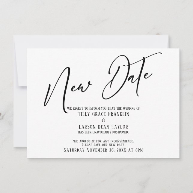 Elegante Caligrafía Nuevo Fecha Anuncio Simple (Anverso)