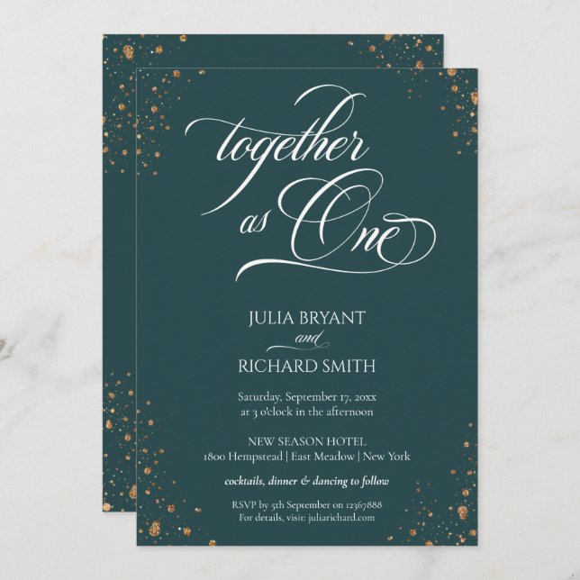 Elegante caligrafía oro Confetti invitación Minima (Anverso / Reverso)