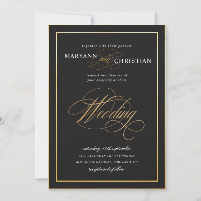 elegante caligrafía oro negro invitación a la boda (Anverso)
