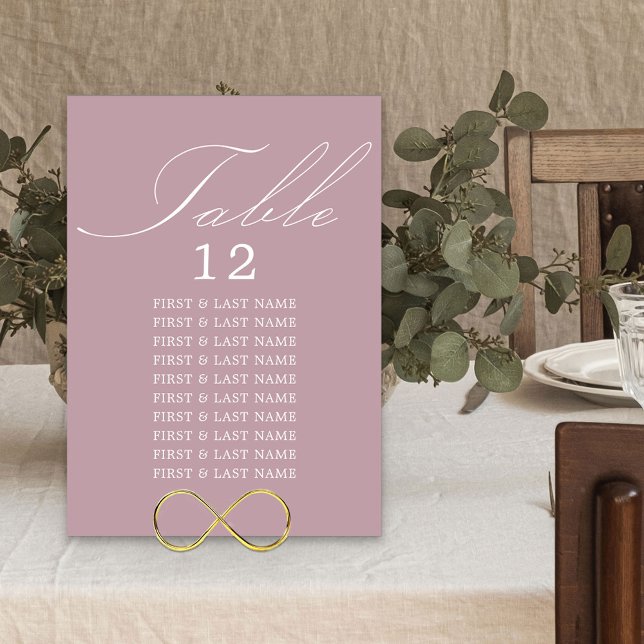 Elegante caligrafía Polvorienta tarjeta de asiento (Dusty Rose Wedding Table Number and Guest Names)
