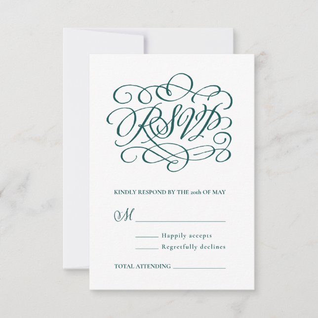 Elegante caligrafía profunda Verde azulada RSVP ve (Anverso)
