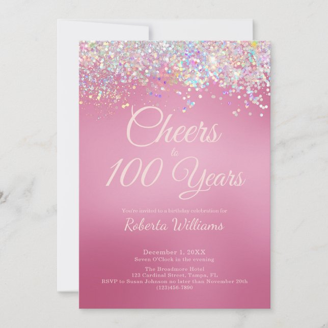 Elegante caligrafía rosa invitación a los 100 años (Anverso)