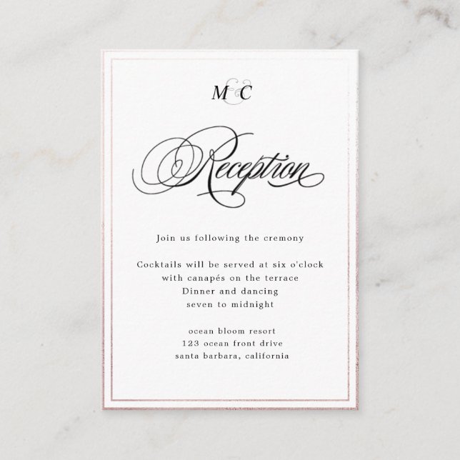 Elegante caligrafía rosa oro Recepción (Anverso)