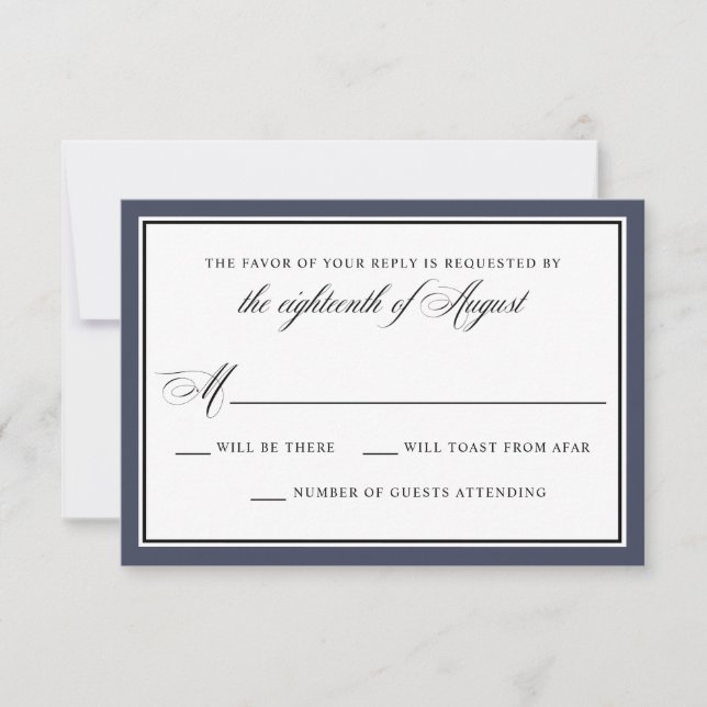 Elegante caligrafía Script Navy Blue Wedding RSVP (Anverso)