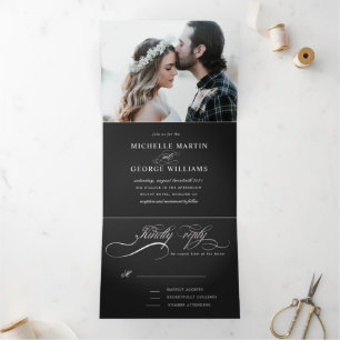 elegante caligrafía triple invitación a la boda
