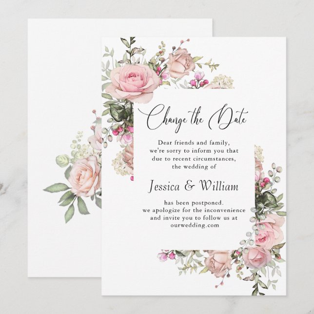 Elegante Cambio de Fecha Rosas Anuncio de Boda (Anverso / Reverso)