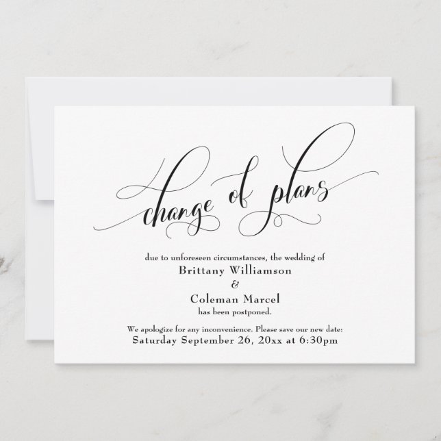 Elegante cambio de planes Invitación Boda blanco (Anverso)