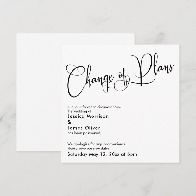 Elegante "Cambio de Planes", tarjeta Boda pospuest (Anverso / Reverso)