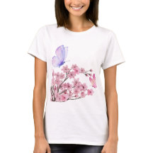 Elegante camiseta blanca con flores de cerezo y bl