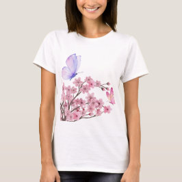 Elegante camiseta blanca con flores de cerezo y bl
