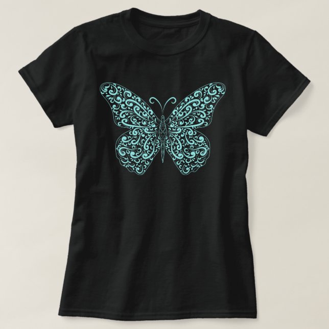 Elegante camiseta con mariposa azul brillante (Diseño del anverso)