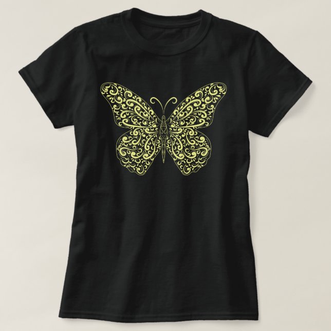 Elegante camiseta con mariposa florida amarilla (Diseño del anverso)