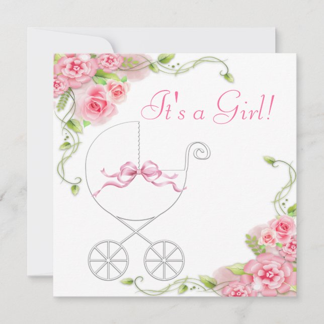 Elegante Carriage Pink Rose Baby Invitaciones A La (Anverso)
