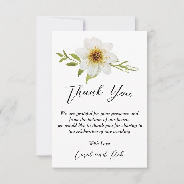 Elegante carta de agradecimiento con flores blanca (Anverso)