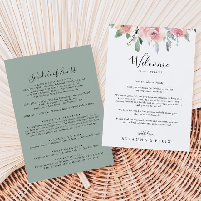 Elegante carta de bienvenida Boda floral rosa Rubo (Subido por el creador)