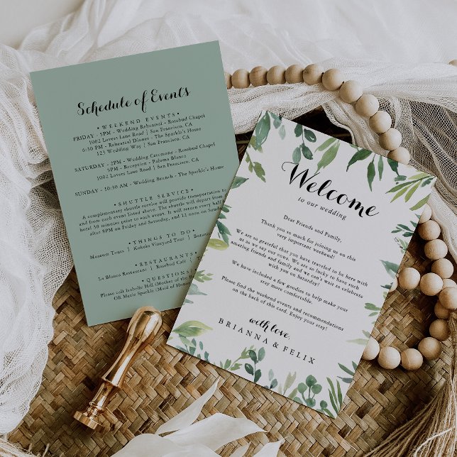 Elegante carta de bienvenida verde tropical Boda (Subido por el creador)