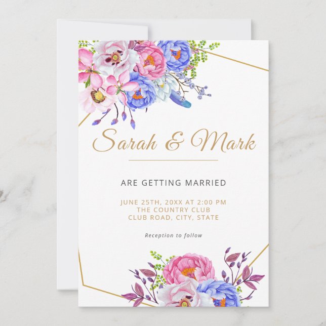 Elegante carta de invitación a la boda floral con  (Anverso)