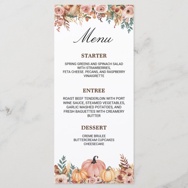 Elegante carta de menú floral para eventos (Anverso)