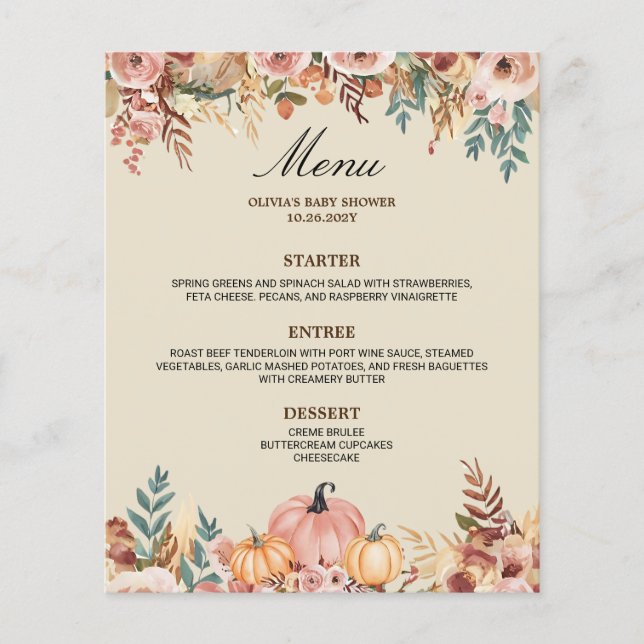 Elegante carta de menú floral para eventos (Anverso)