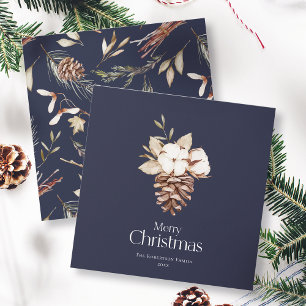 Elegante carta de Navidades con algodón y pinecona