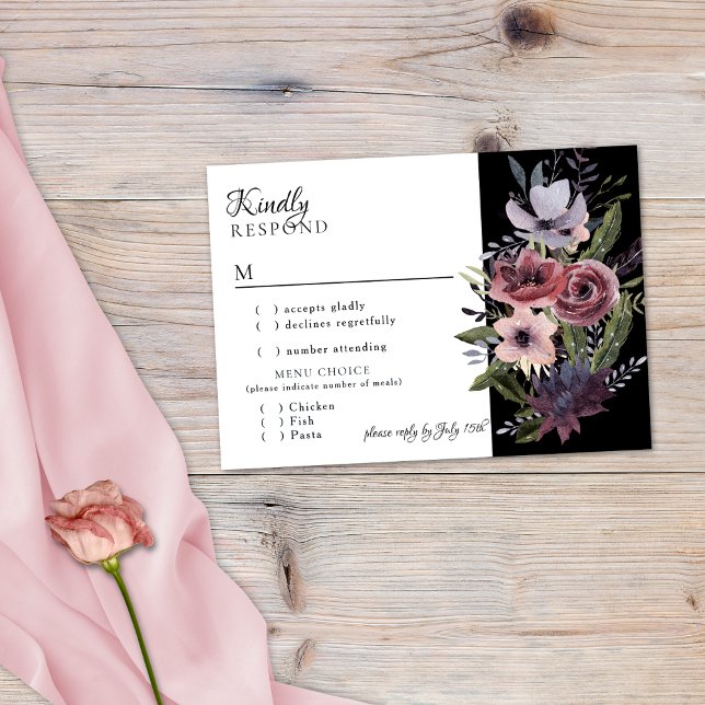Elegante Cascada Floral Oscura Negro Borgoña RSVP  (Subido por el creador)