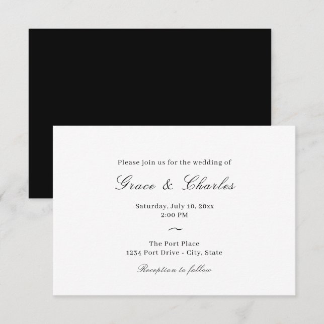 Elegante Casual Invitación Boda Blanco y Negro (Anverso / Reverso)