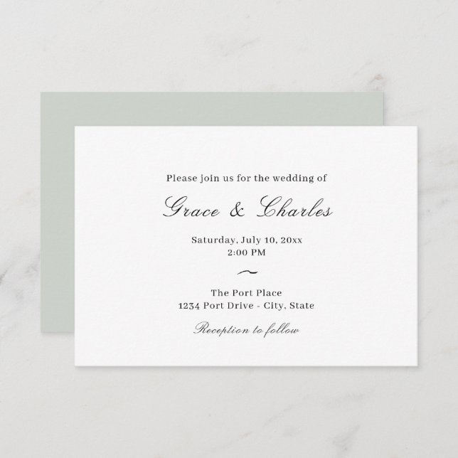 Elegante Casual Invitación Boda Verde Beige-Ligero (Anverso / Reverso)