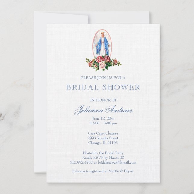 Elegante Católica Bridal Shower Blue Invitación (Anverso)