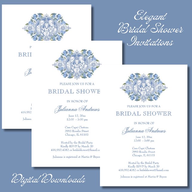 Elegante Católica Bridal Shower Blue Invitación (Subido por el creador)