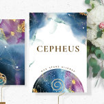 Elegante Célebre Tema Cepheus Tabla Tarjeta de nom<br><div class="desc">Disfrute de un tema de constelación celeste con nuestros signos de constelación. Tarjeta de nombre de tabla de constelación de cefeus con exquisitas manchas de acuarela y mapa celestial del globo con constelaciones en la parte delantera. La parte trasera con un hermoso diseño de galaxia acuática con la constelación de...</div>