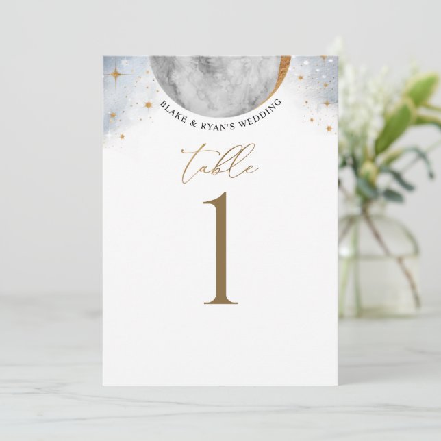 Elegante Celestial Moon Sky y Stars Table Number (Anverso de pie)