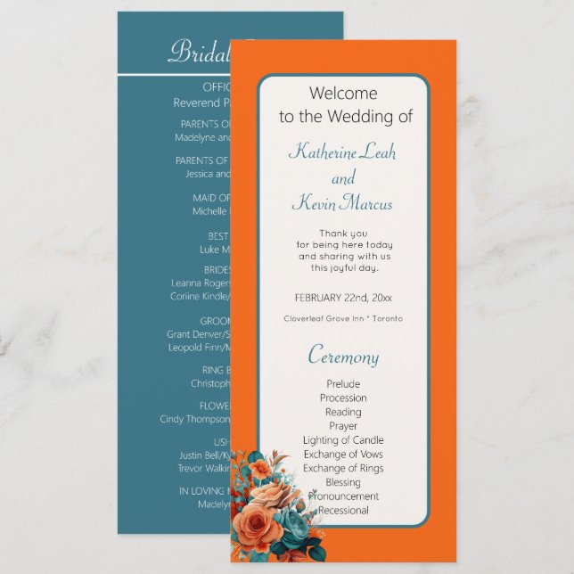 Elegante ceremonia Verde azulada y Naranja de Boda (Anverso / Reverso)